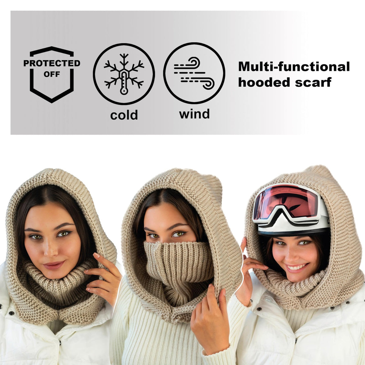 Women Wool Knit Hooded Scarf with Detachable Balaclava and Neck Gaiter