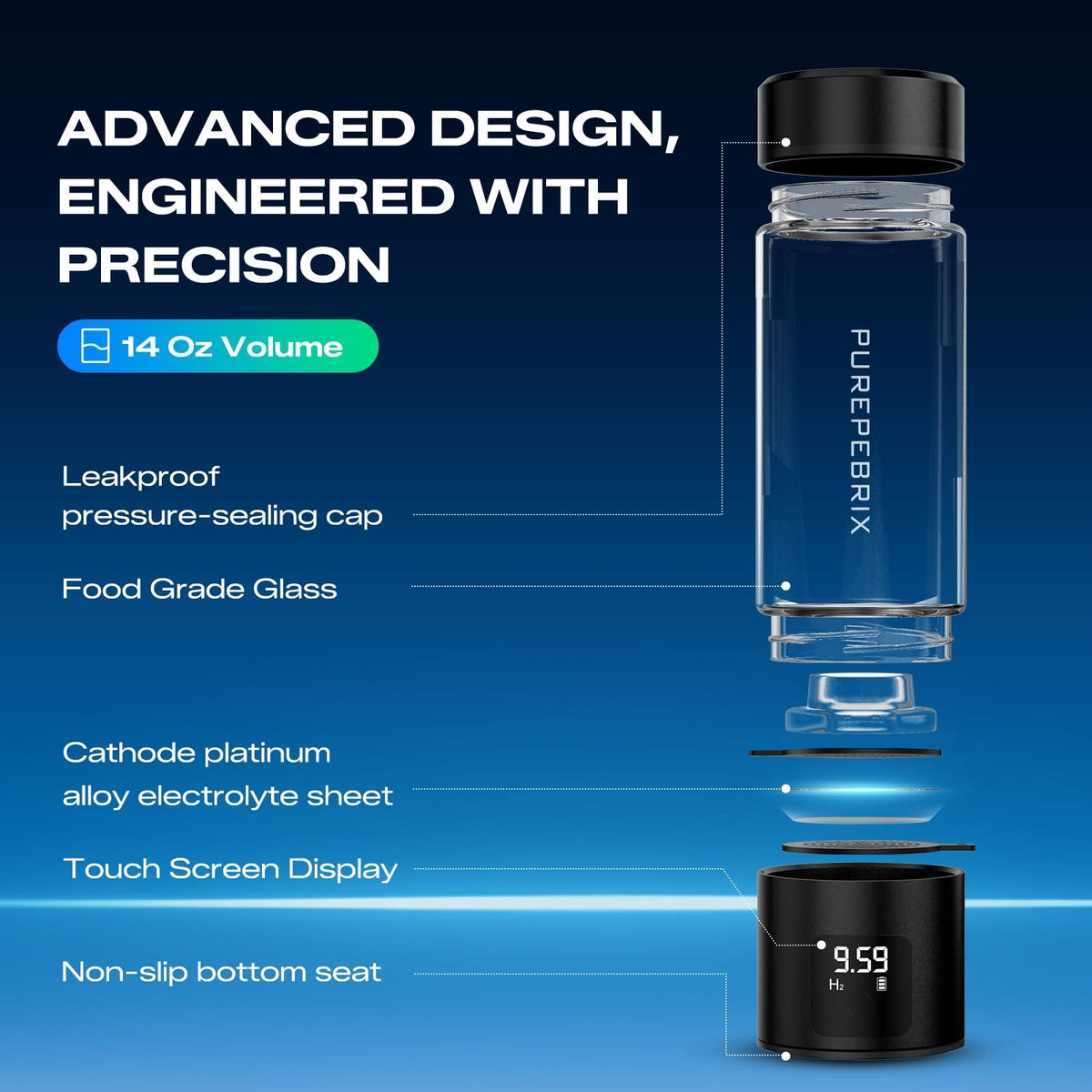 Hydrogen Water Bottle 14oz Glass Portable Water Flask with Leak-Proof Lid