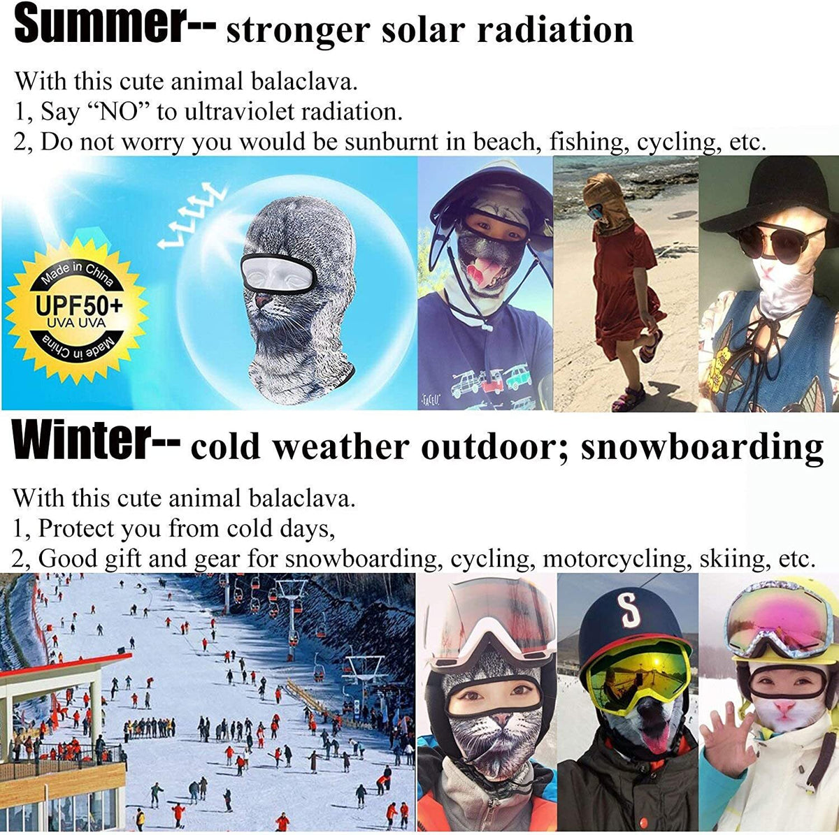 Animal Ears Hood Balaclava Full Face Cover for Winter Ski & Outdoor Activities