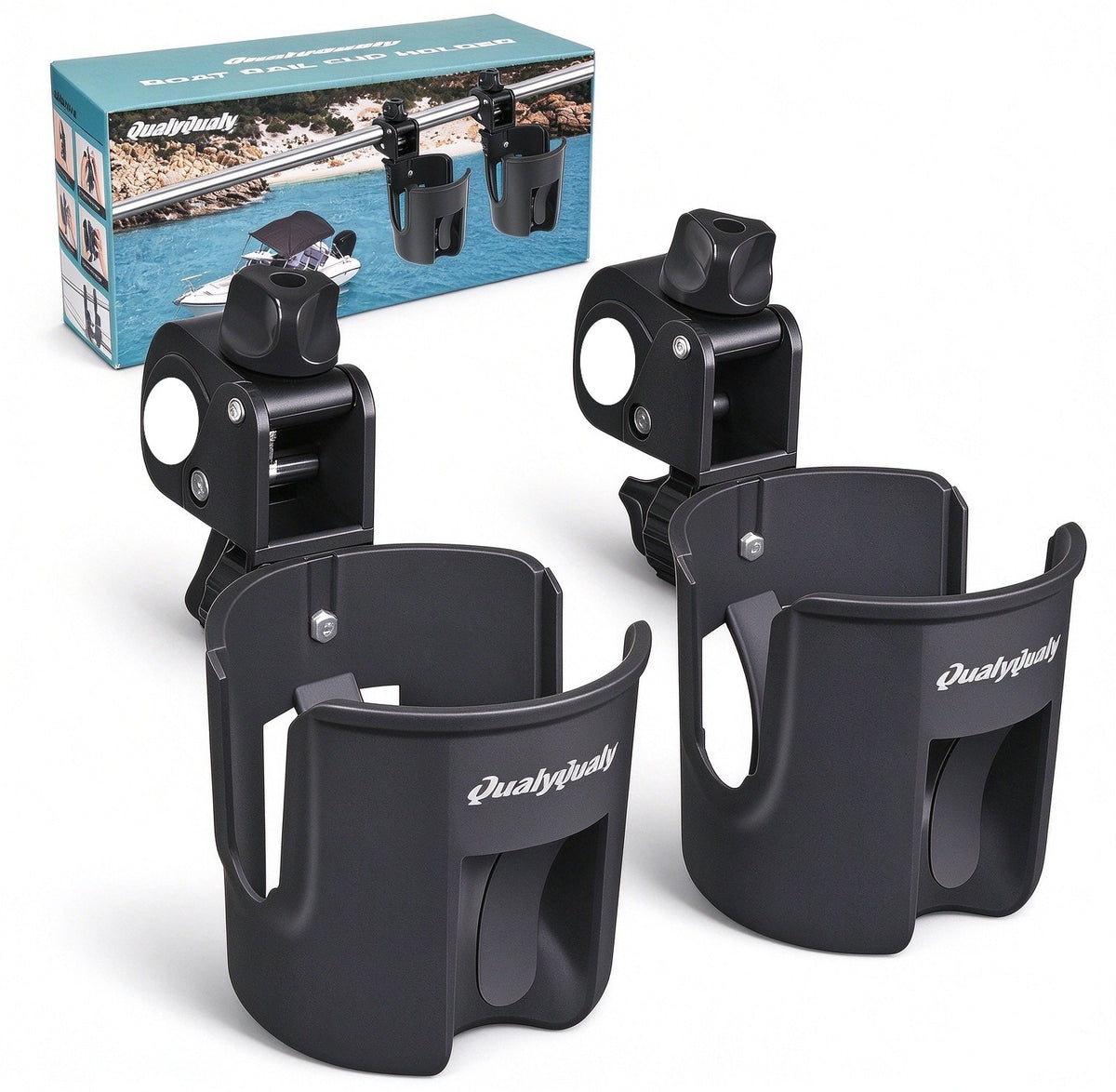 Marine Boat Rail Cup Holders 2 Pack Clamp-On 360° Adjustable Drink Holders