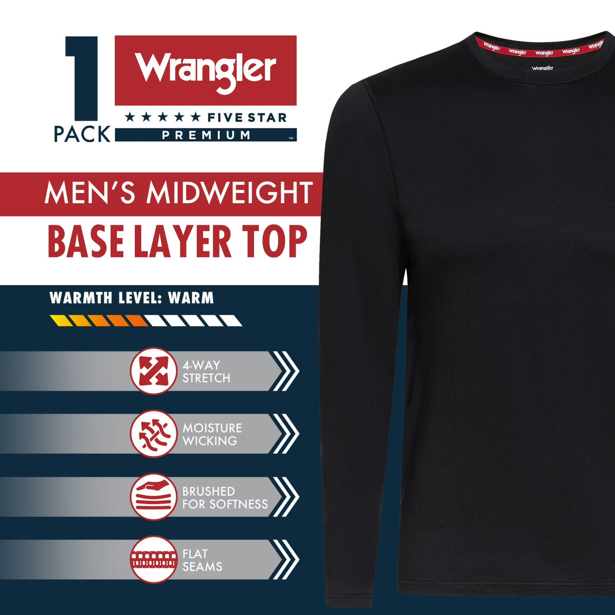 Men's Thermal Base Layer Top - Midweight, 4-Way Stretch, Black XXL