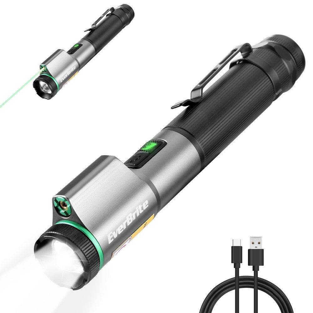 USB-C Rechargeable LED Flashlight with Green Laser Pointer, 500 Lumens, Magnetic & Zoomable Worklight
