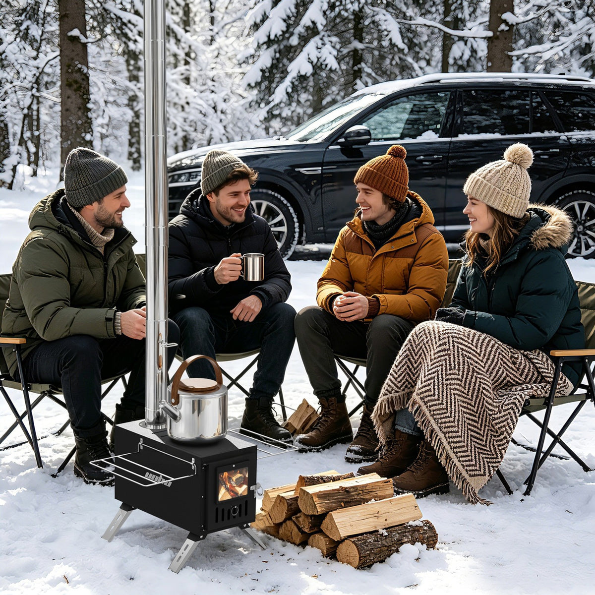 Portable Wood Burning Stove with Chimney Pipes for Camping and Outdoor Heating
