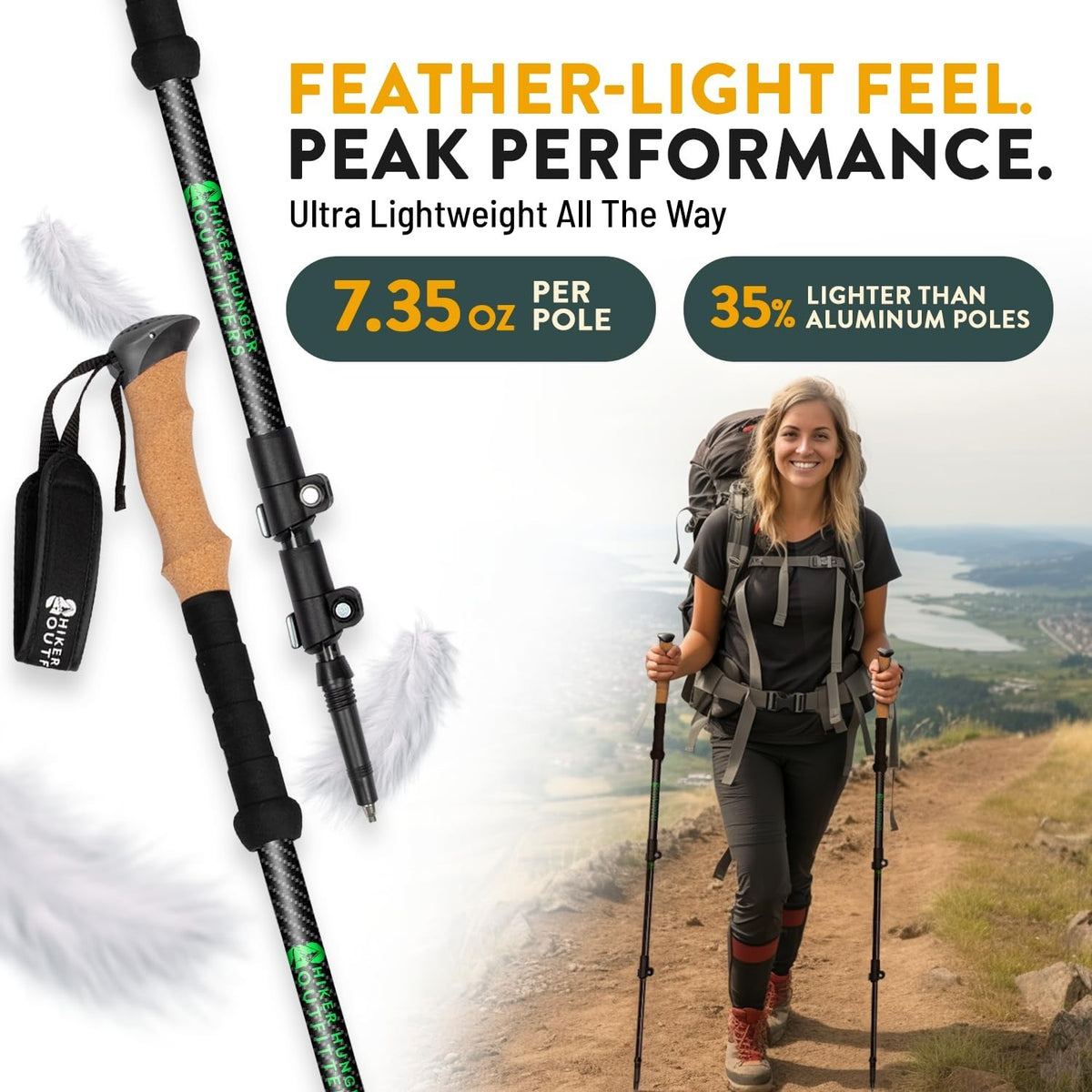 Carbon Fiber Trekking Poles Lightweight Collapsible Hiking Poles with Cork Grips