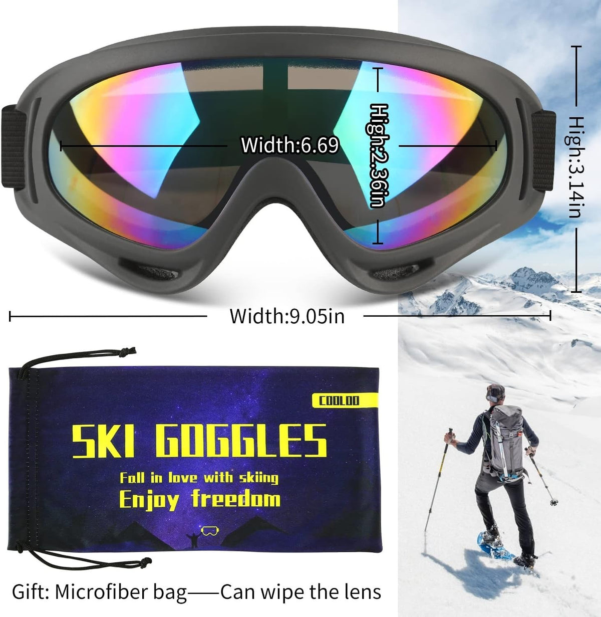 Universal Fit Ski & Snowboard Goggles 2 Pack with UV Protection
