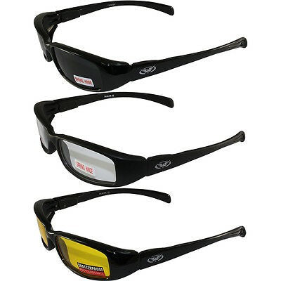 Motorcycle Sunglasses with Black Frames and Green Reflective Lenses