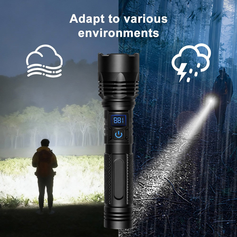 Rechargeable LED Tactical Flashlight with Zoom & Power Display - 20W, 500m Range