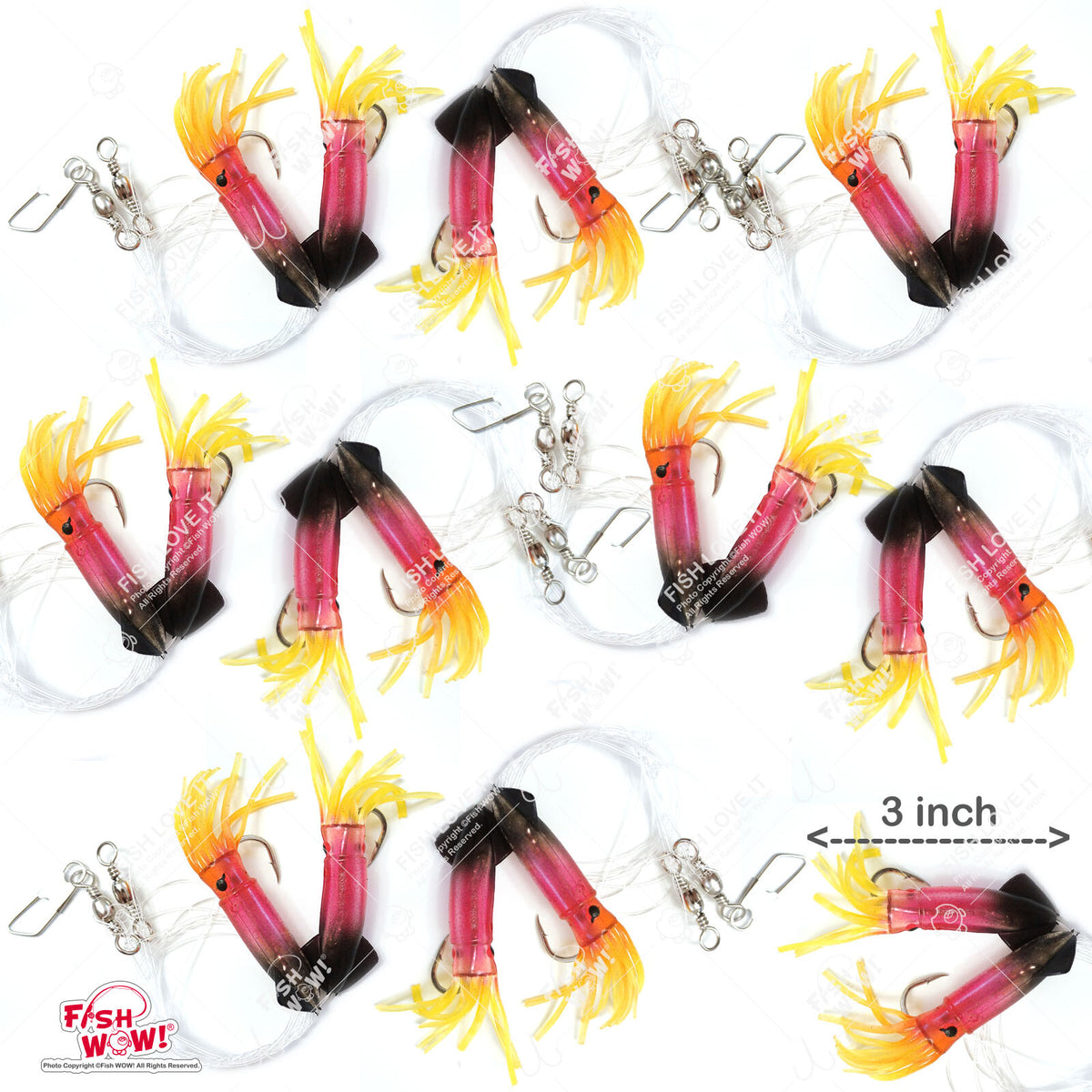 10 Pack 3-inch Saltwater Fishing Rig with Twin Squid Soft Lures for Rockfish and Lingcod