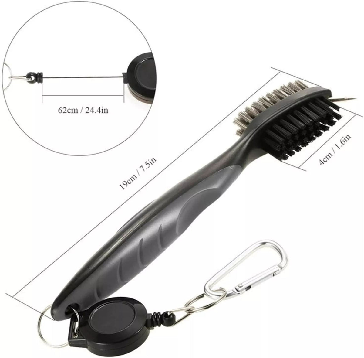 Golf Club Groove Brush Cleaner with Retractable Hook & Aluminum Carabiner