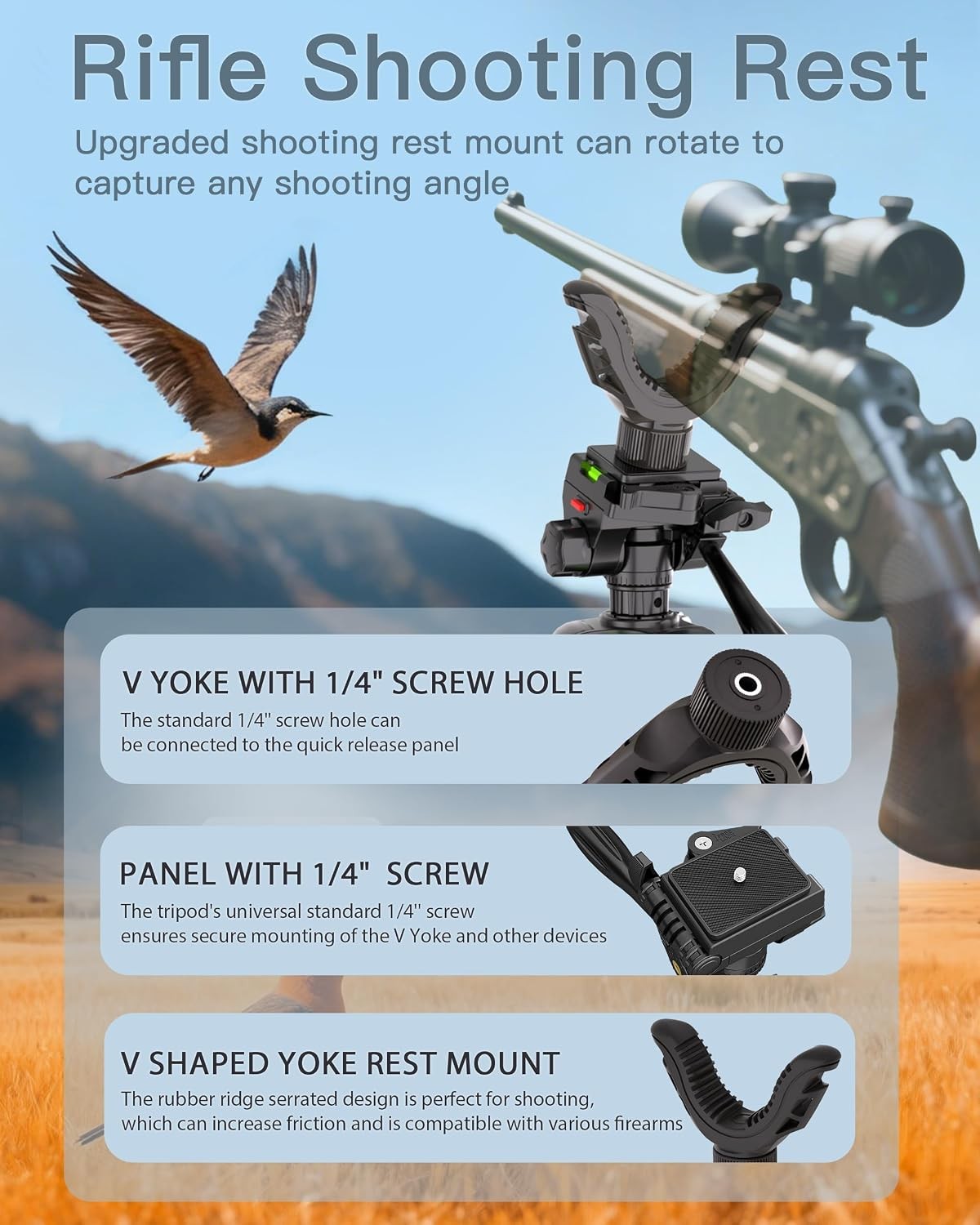 74-Inch Aluminum Rifle Tripod Stand with V Yoke Gun Rest for Shooting & Field Use