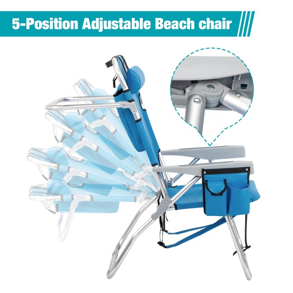 Blue Adjustable Beach Chair with Storage Cooler Pouch - Lightweight Portable Folding Chair