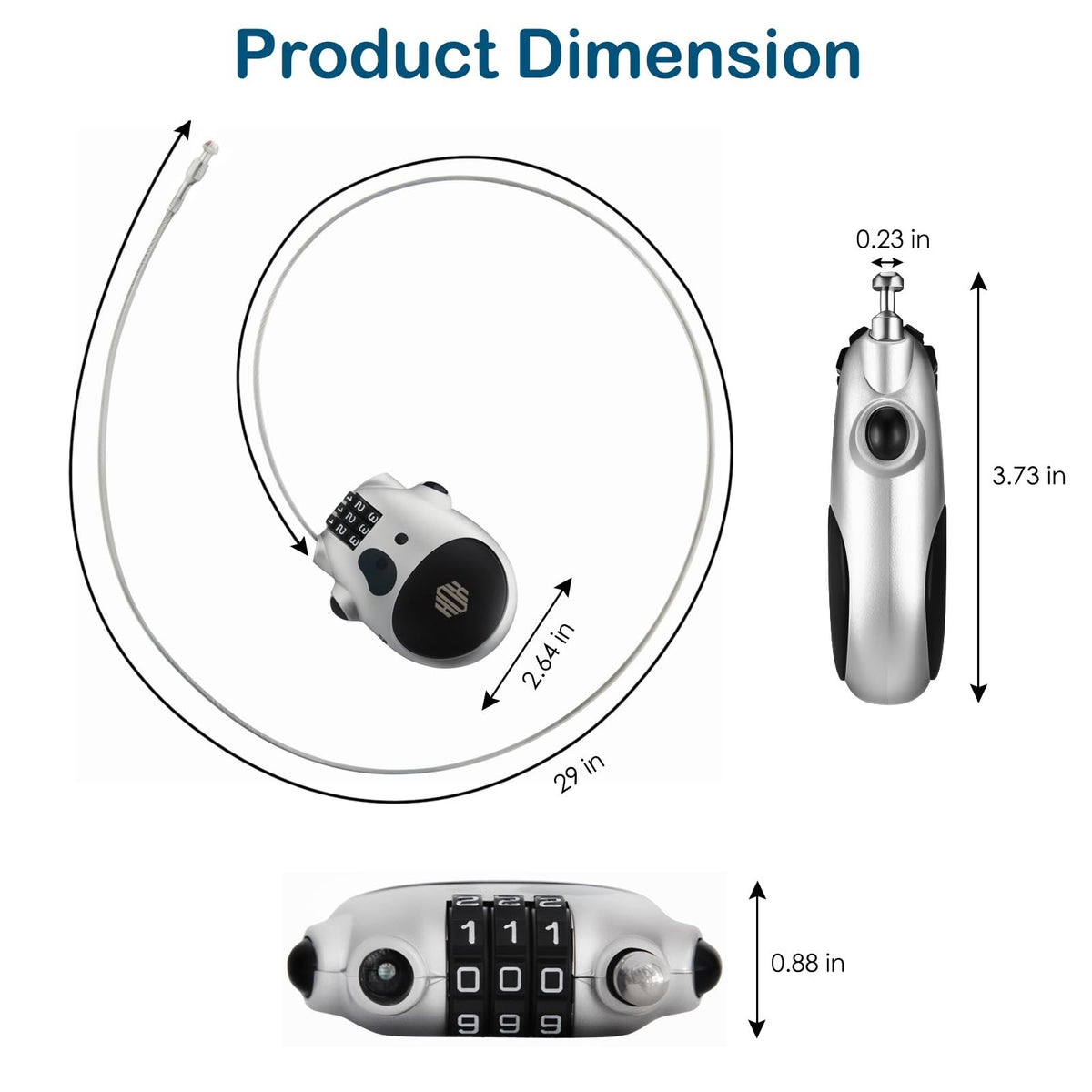 3-Digit Combination Lock with 3 Feet Retractable Cable for Bikes & Sports Equipment