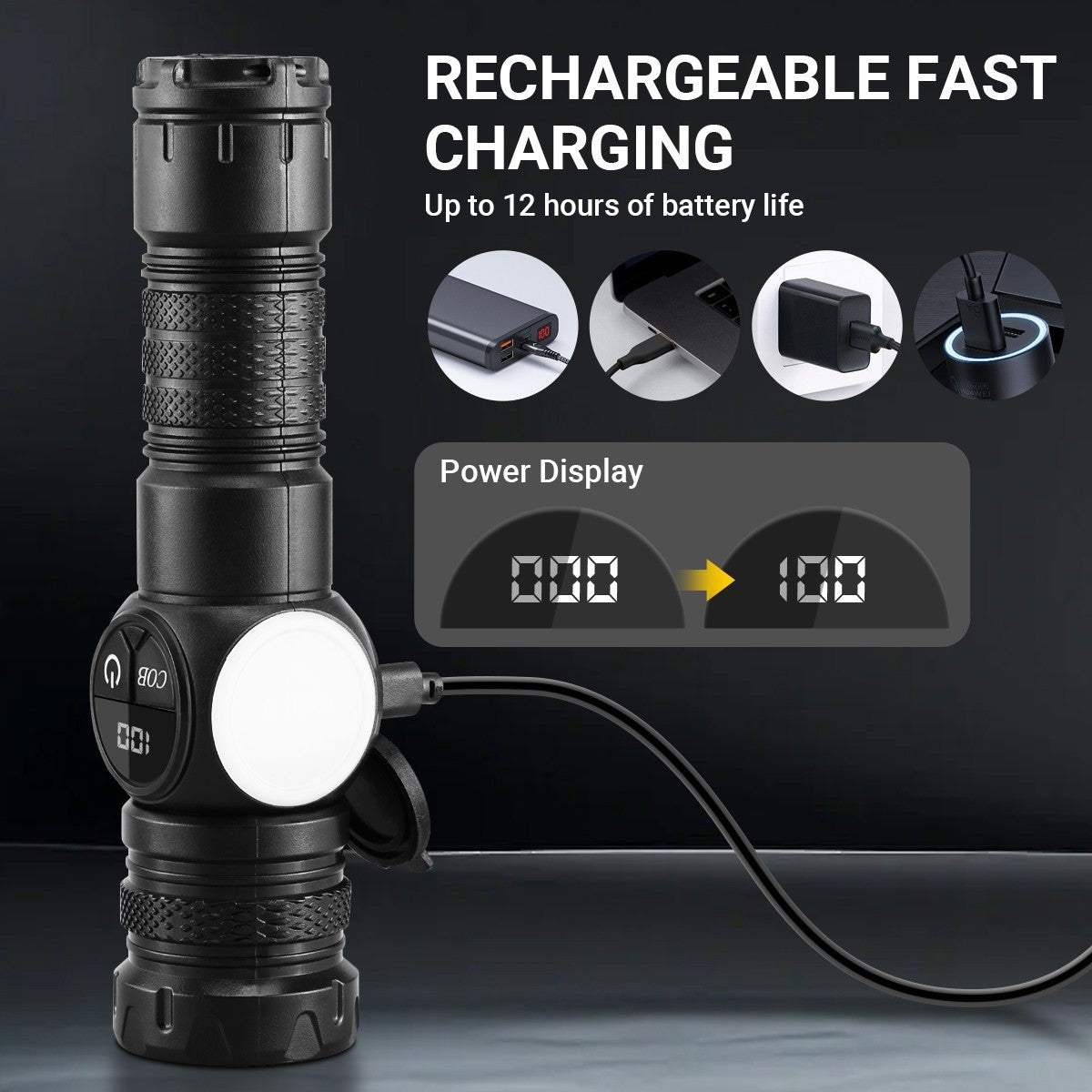 Rechargeable LED Flashlight with Magnetic Base and Multiple Modes