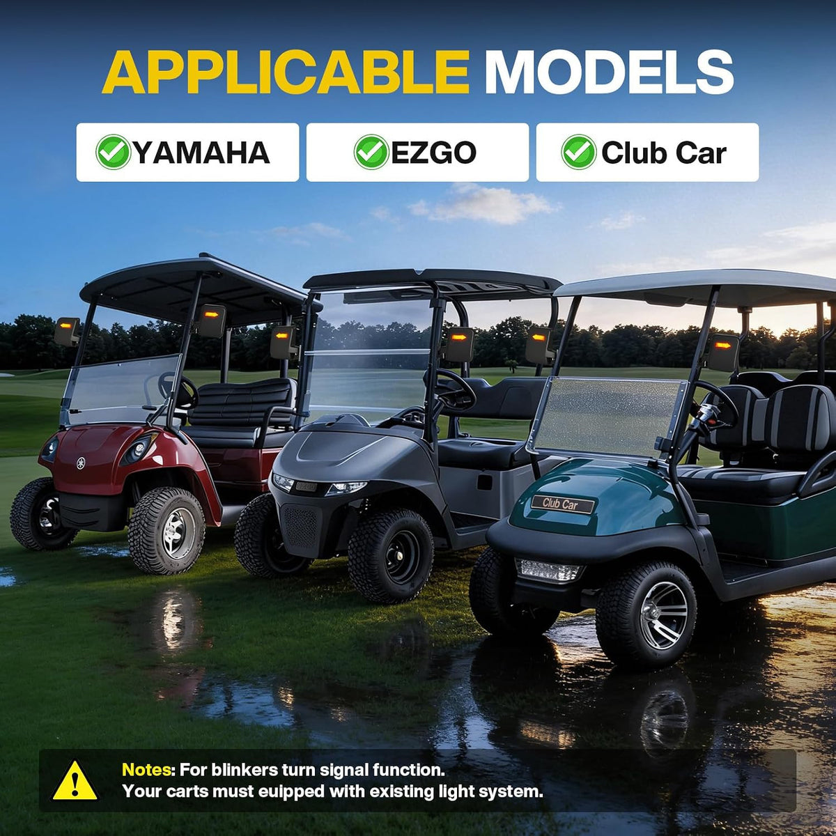 Universal Golf Cart Rear View Mirrors with Turn Signal Lights, Folding Side Mirrors for Club Car EZGO Yamaha Kandi