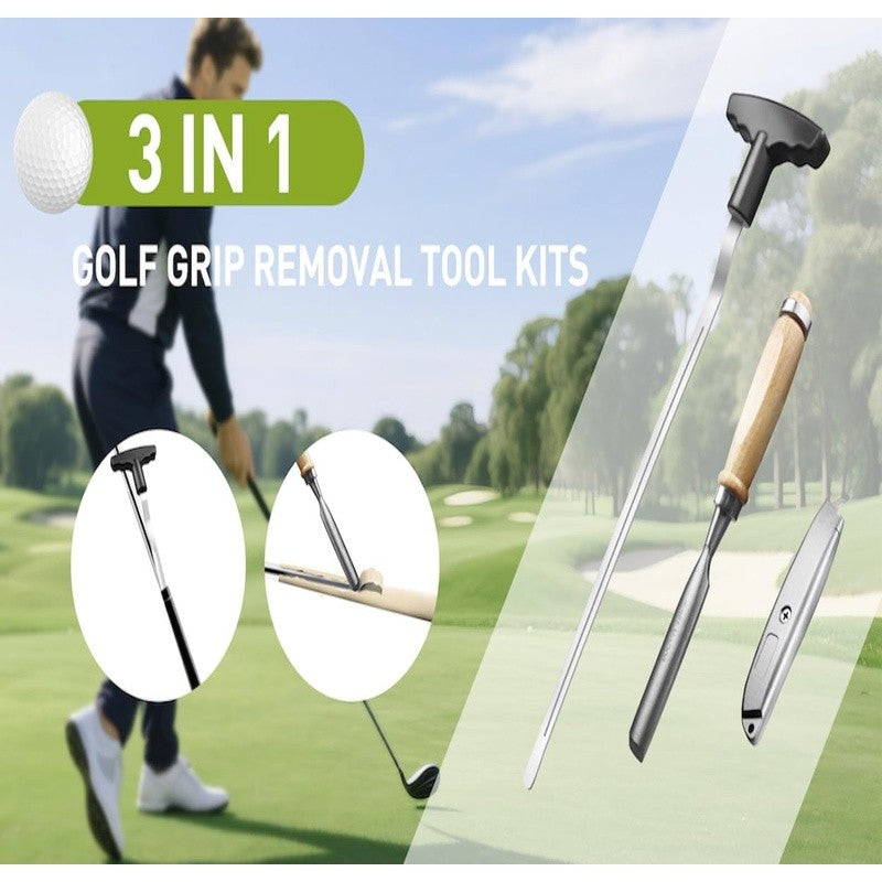 Quick & Safe Golf Grip Removal Tool with V-Groove Tape Stripper, Curved Blade