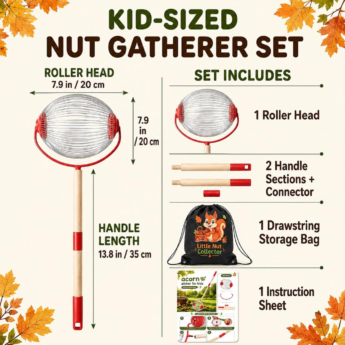 Kids Nut Gatherer Set - Acorn Picker Roller with Storage Bag for Fall Yard Cleanup