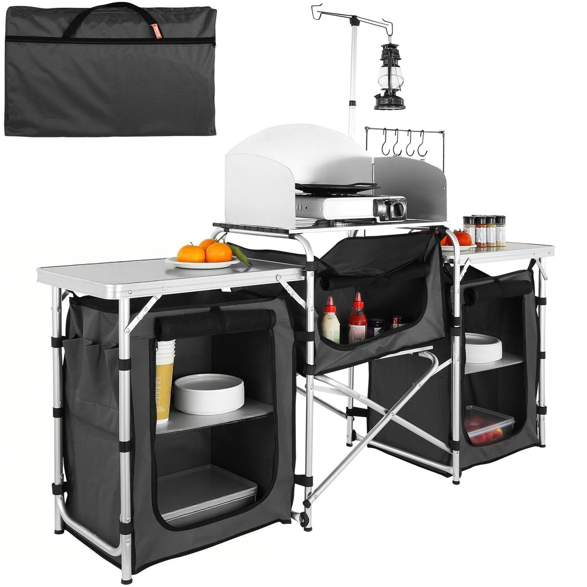 Portable Camping Kitchen Table with 3 Cupboards Folding Outdoor Food Prep Station