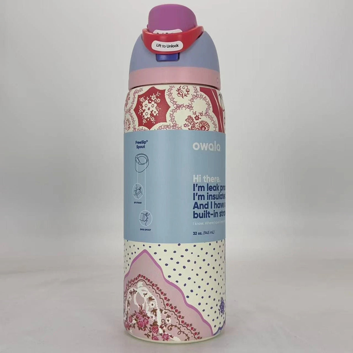 32oz Insulated Stainless Steel Water Bottle with Leak-Proof Lid - Pink Patchwork