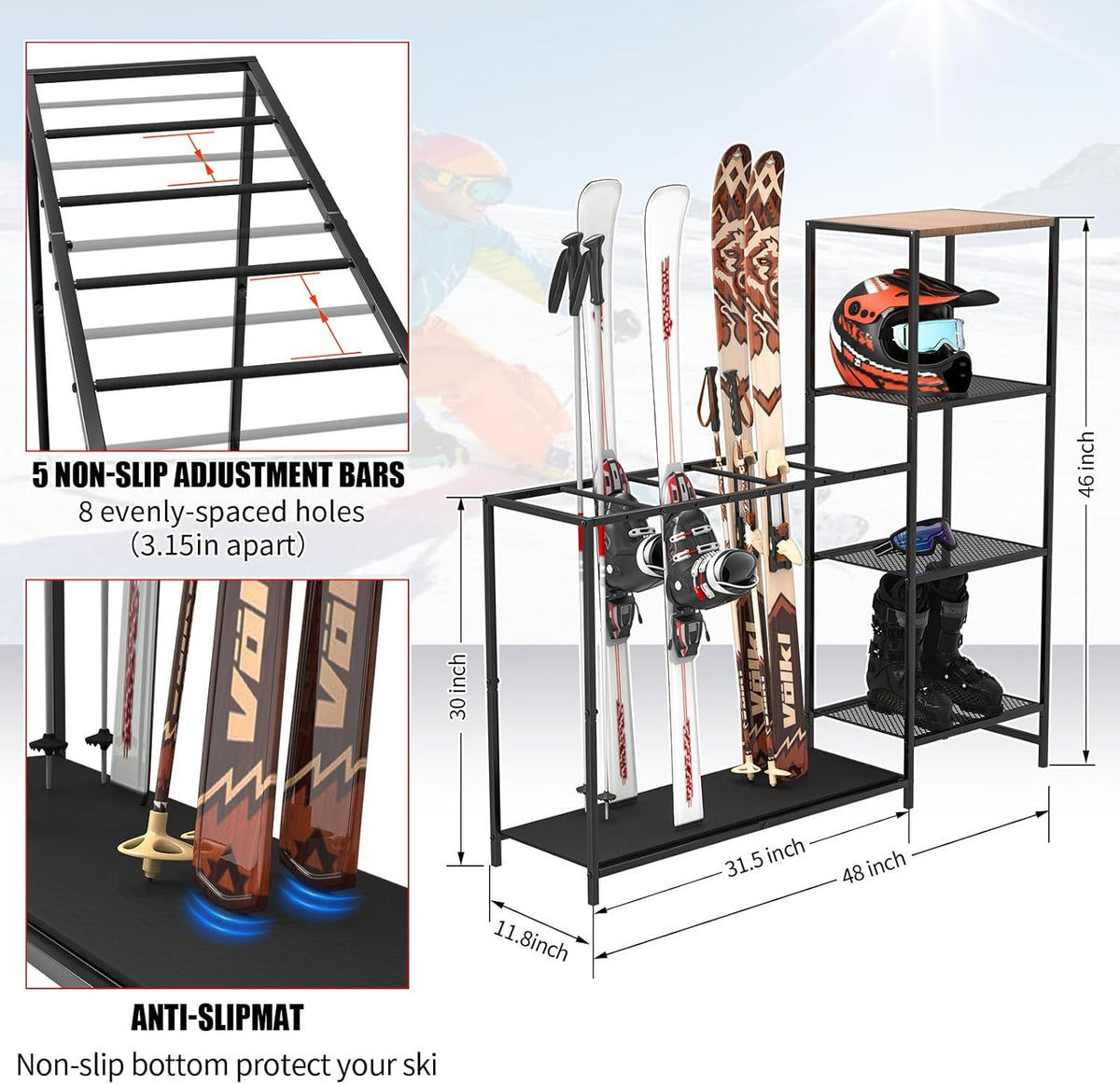 Freestanding Ski Rack with Adjustable Bars for Winter Sports Equipment - Black