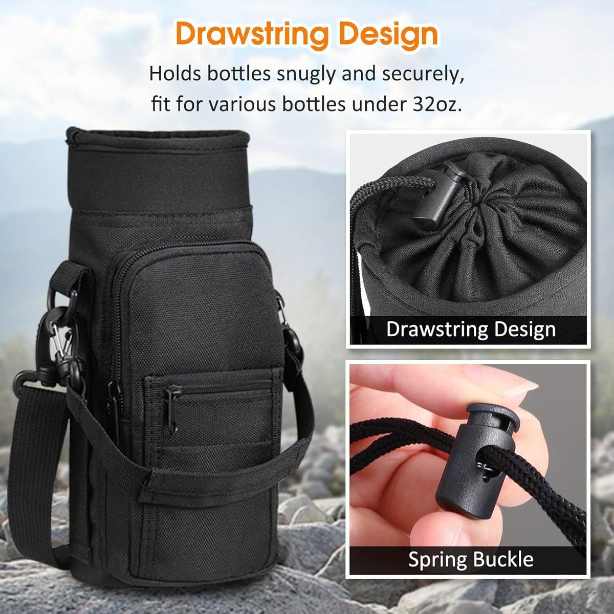 Sports Water Bottle Carrier Bag with Pockets Adjustable Strap for Hiking Travel