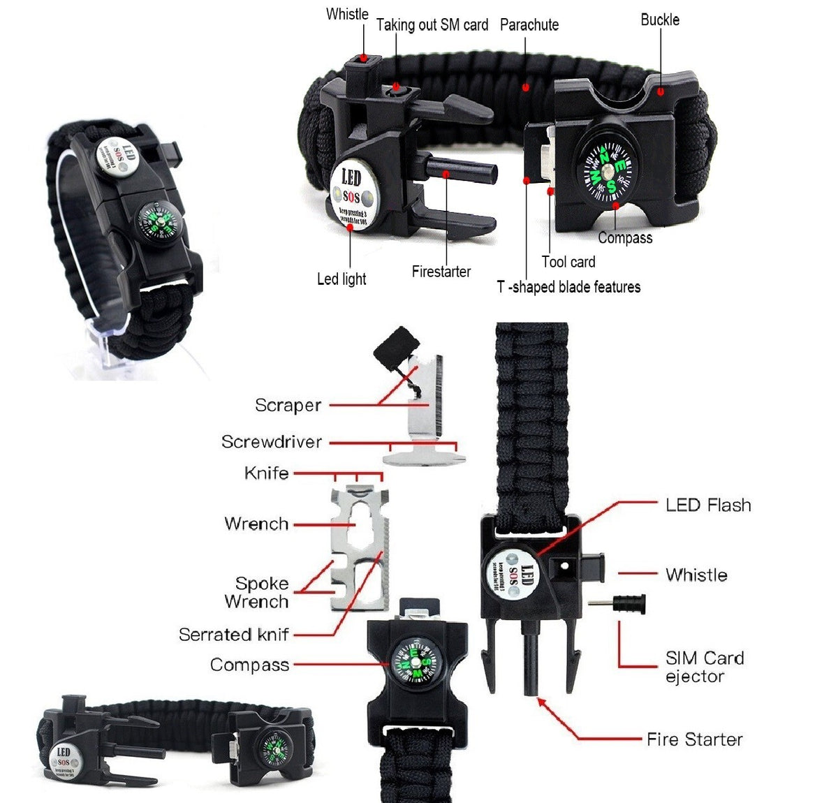 21 in 1 Paracord Survival Bracelet Kit with Emergency Tools & SOS Light