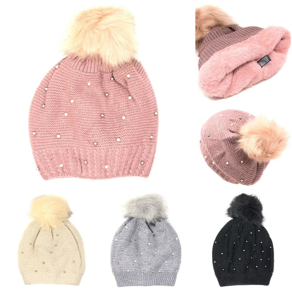 Women's Winter Cable Knit Beanie Hat with Pom Pom Fur Lining Warm Accessory