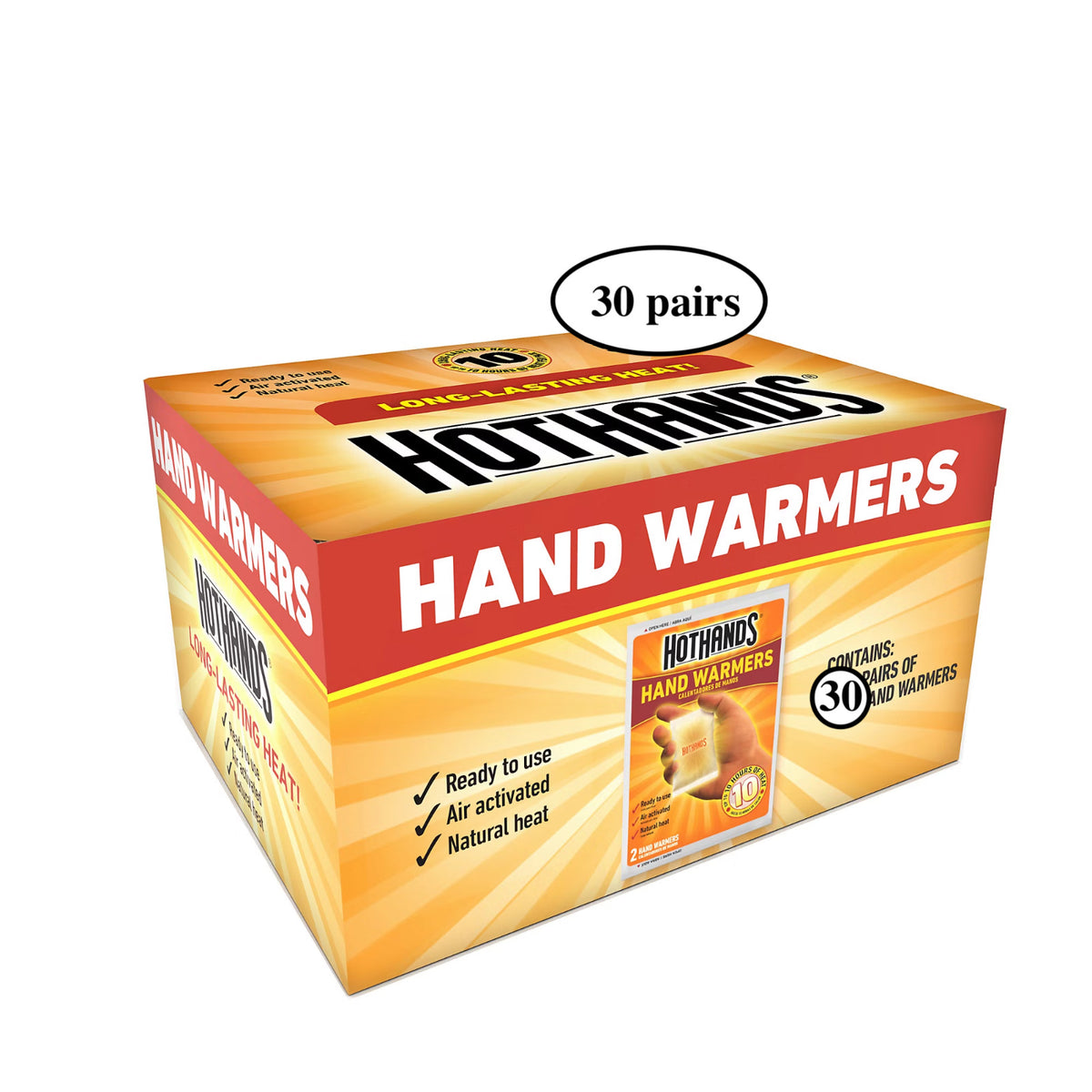 HotHands Hand Warmers 30 Pairs - Adhesive, Odor Absorbing, Up to 10 Hours Heat