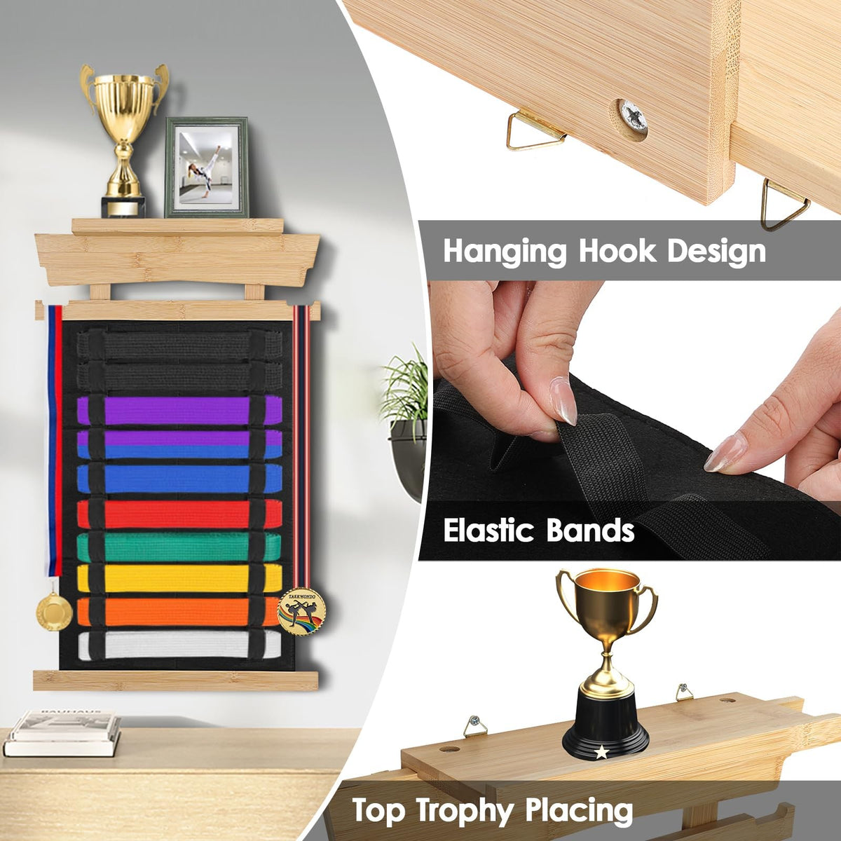 Karate Belt Display Rack with Trophy Holder and Personalized Stickers - Wooden