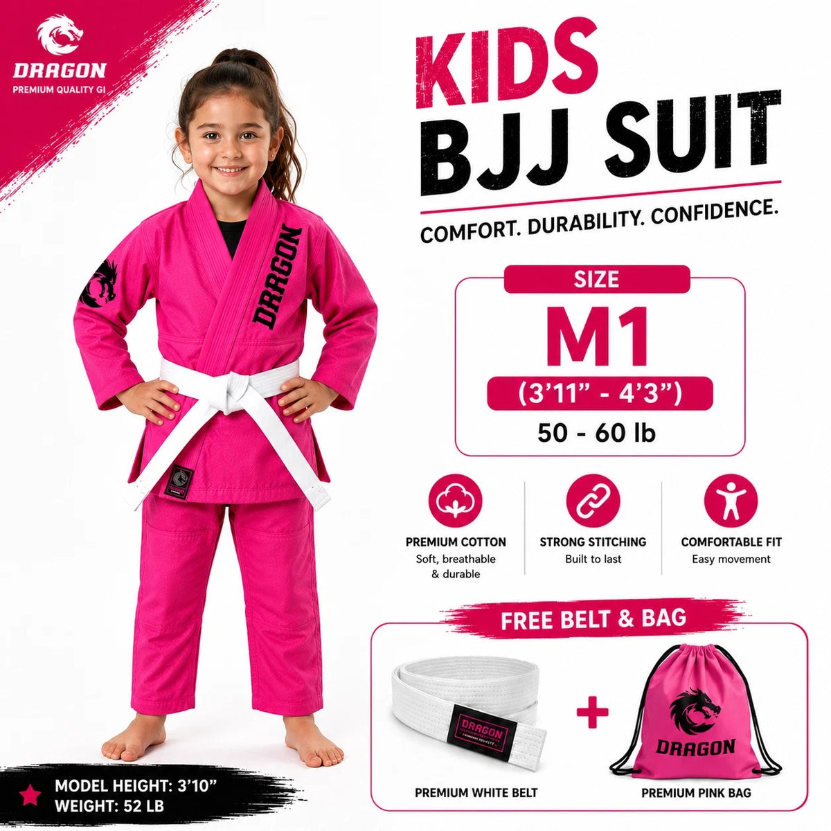 Kids Girls Pink BJJ Gi Suit with White Belt & Bag - Martial Arts Uniform