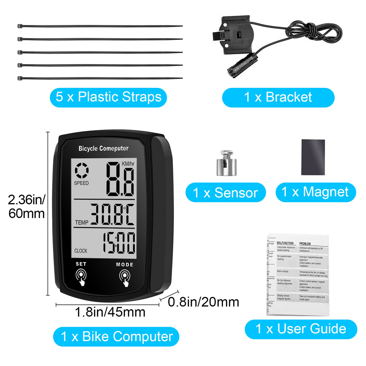 Digital Bicycle Speedometer with Odometer and Waterproof LCD - Wired, US