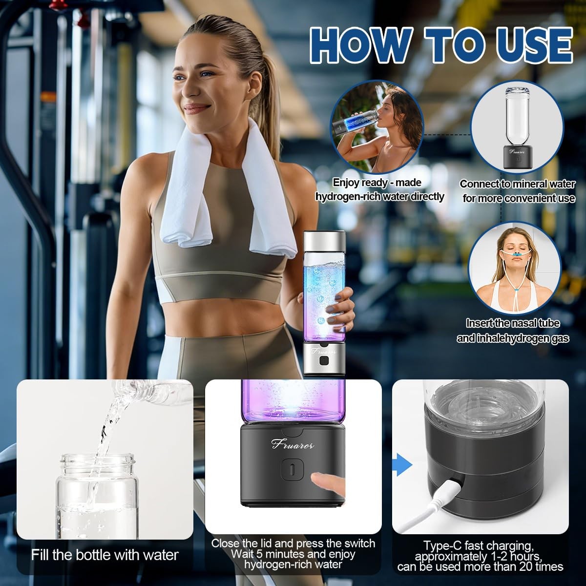 Hydrogen Water Bottle Generator - Portable 6000 PPB Hydrogen Machine, 460mL