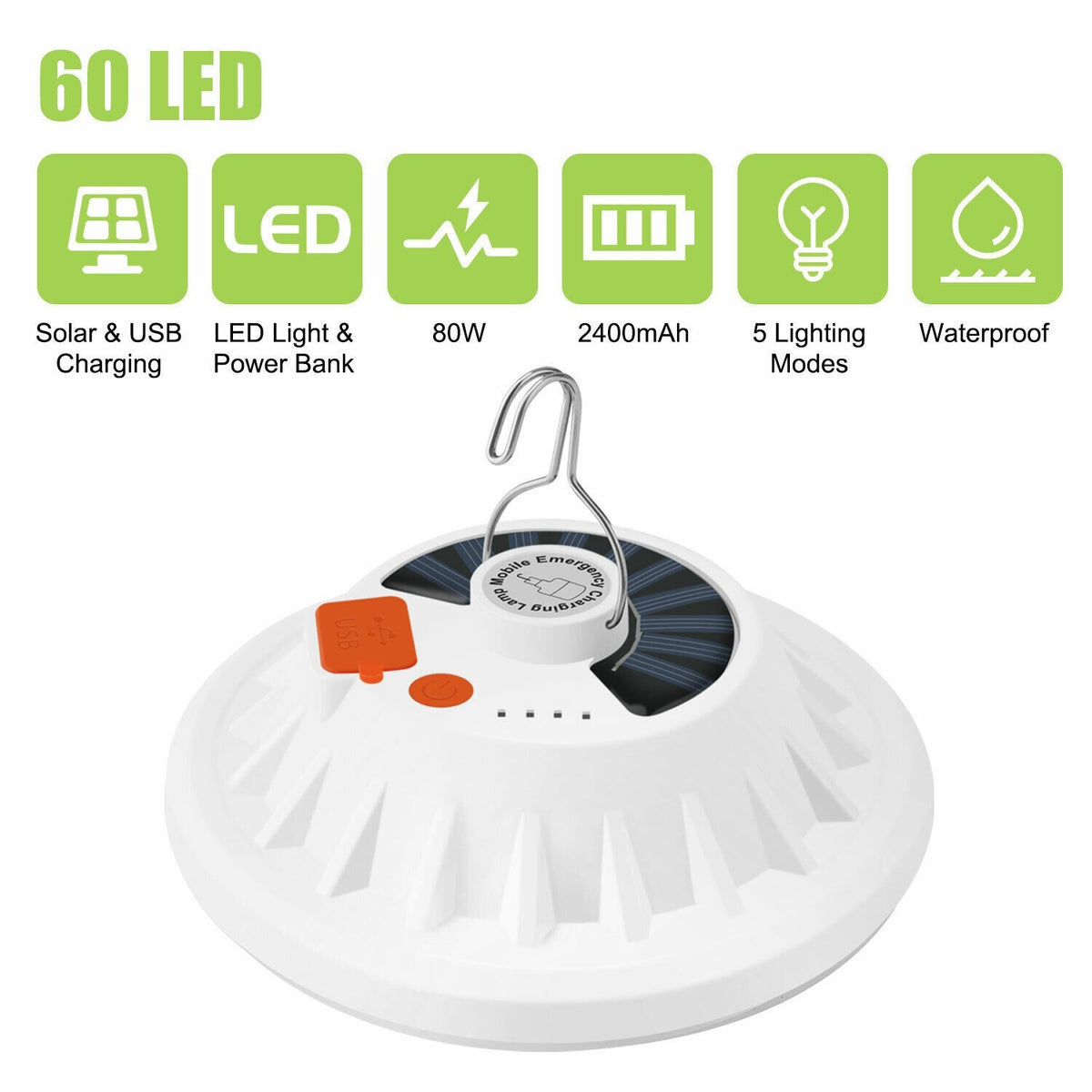 Rechargeable LED Camping Lantern with Solar & USB Power Bank