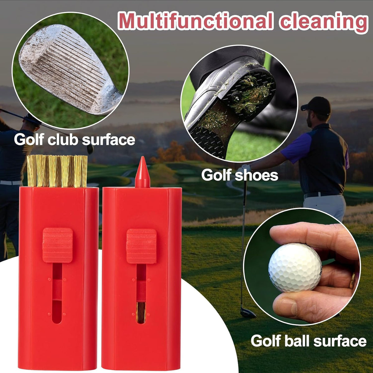 Retractable Golf Club Cleaner Brush Set - Portable Double-Sided, Brass & Spike