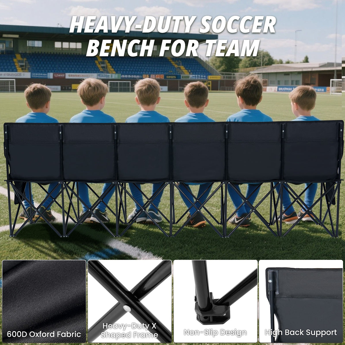6 Seat Folding Sports Bench with Backrest & Storage for Stadium & Camping