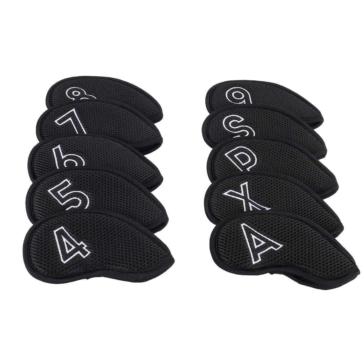 10-Pack Golf Club Head Covers Set - Mesh Cotton Padded Irons Black