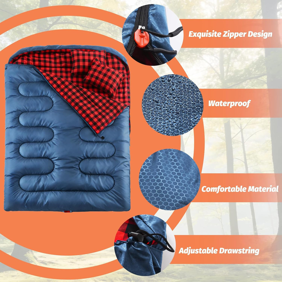 Double Sleeping Bag for Adults with 2 Pillows XL Queen Size Waterproof Camping Bed