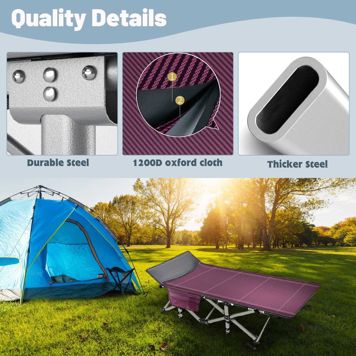 Heavy Duty Folding Camping Cot for Adults with Cotton Mat - Wide Sleep Bed
