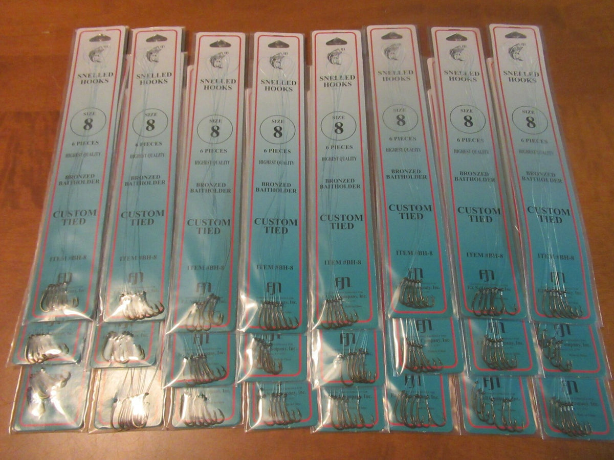 144 Snellled Fish Hooks in Assorted Sizes - Bronze Bait Holder Hooks, 6 Pack