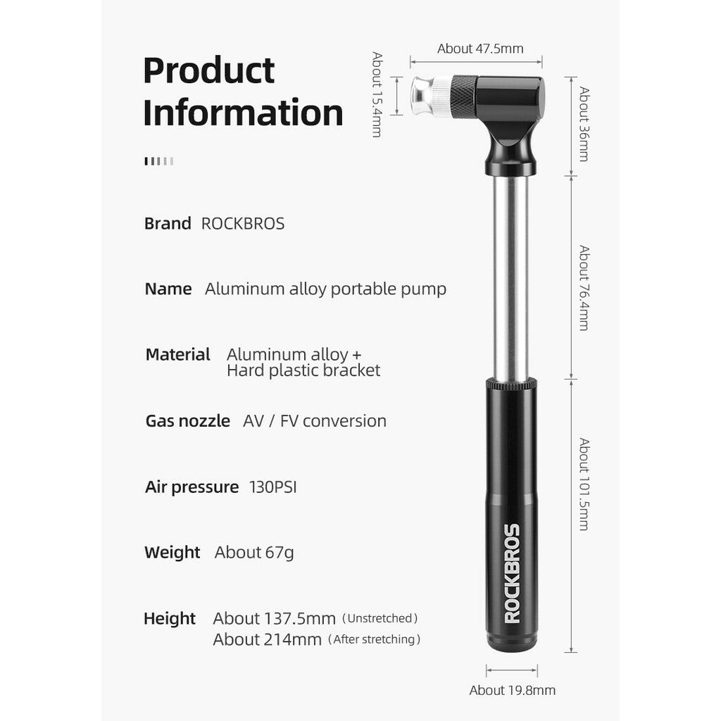 Portable Bicycle Pump 130PSI Aluminum Alloy Hand Inflator with Bracket