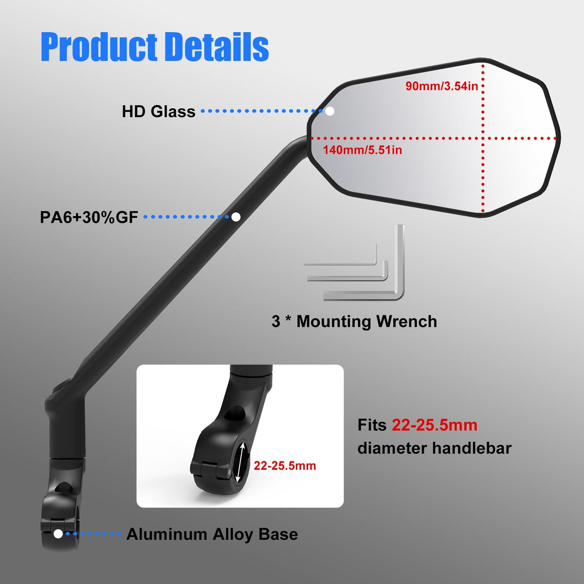 HD Wide Angle Bicycle Rearview Mirror with Long Arm - 360° Adjustable Handlebar Mirror for Mountain Road Electric Bikes