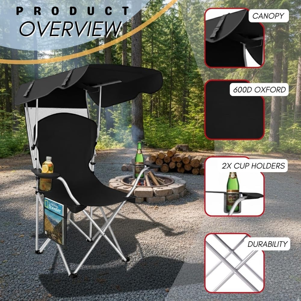 Portable Folding Camping Chair with Canopy and Sun Shade for Outdoor Use