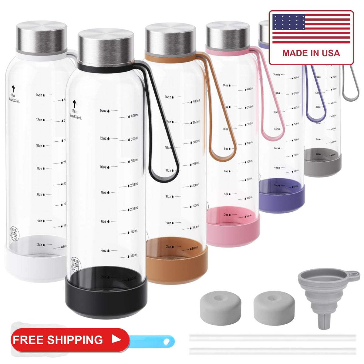Glass Water Bottles 18 oz Pack of 6 with Leak-Proof Stainless Steel Lids