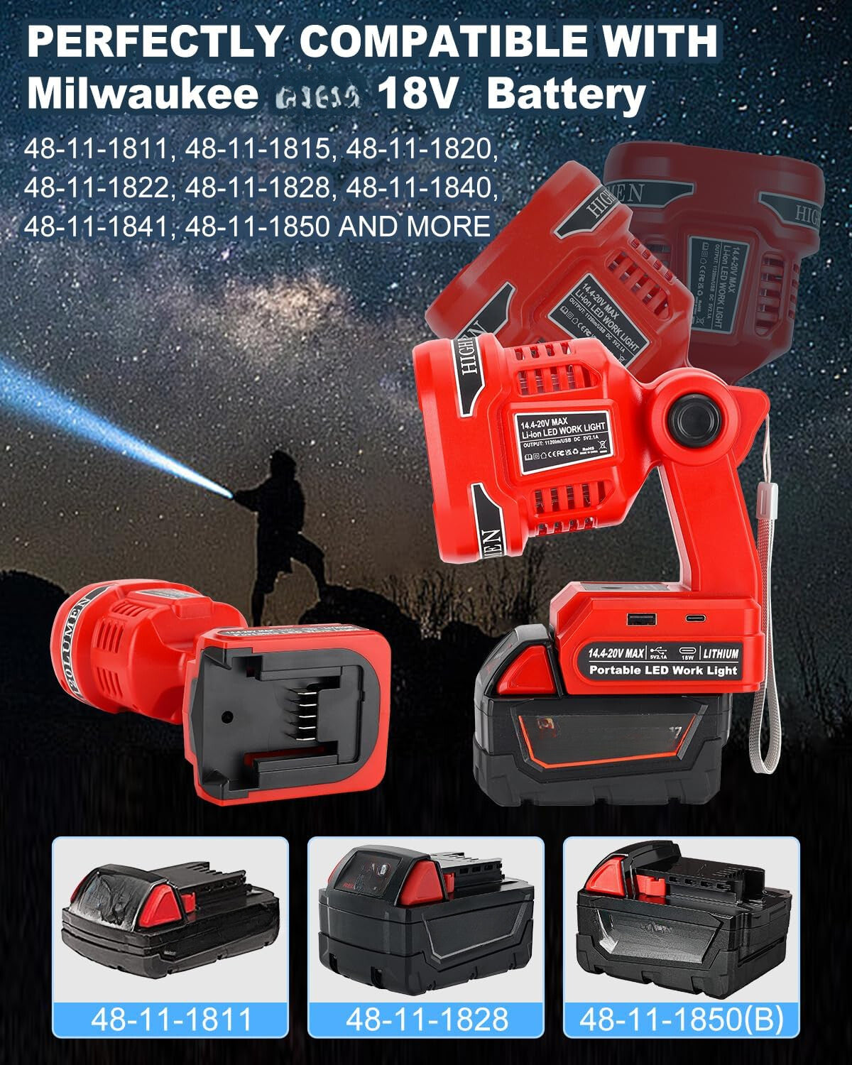 Cordless LED Work Light with USB Power Bank for Milwaukee 18V Batteries