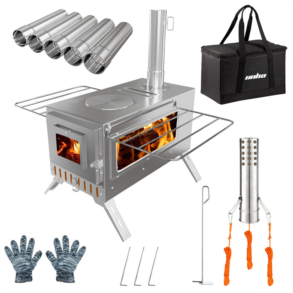 Portable Camping Wood Stove with Chimney Pipes, Tools, Bag & Ground Stakes