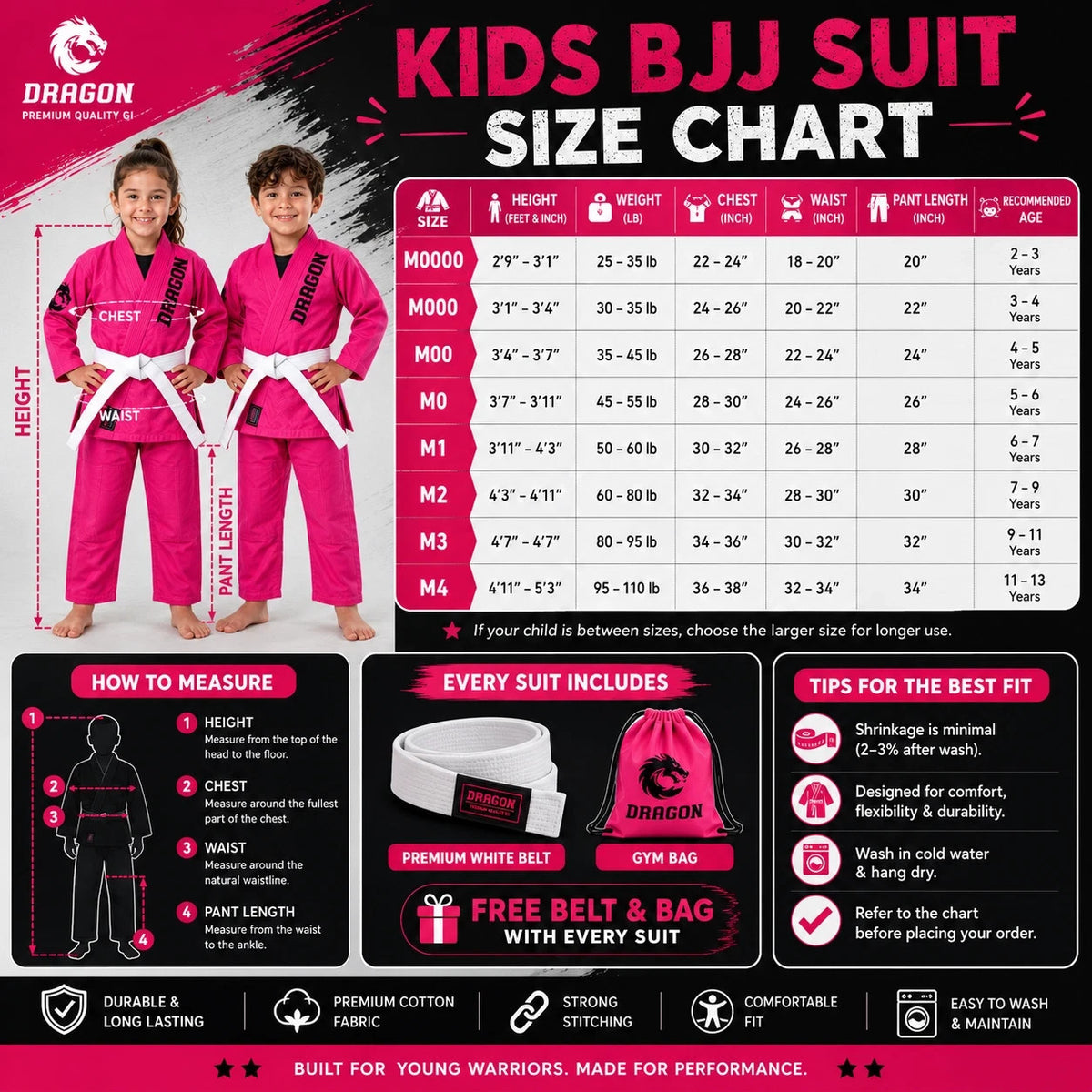 Kids Girls Pink BJJ Gi Suit with White Belt & Bag - Martial Arts Uniform