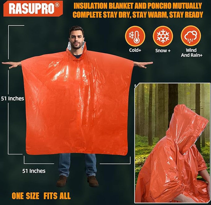 4 Pack Emergency Thermal Ponchos Waterproof Reusable Rain & Survival Coat