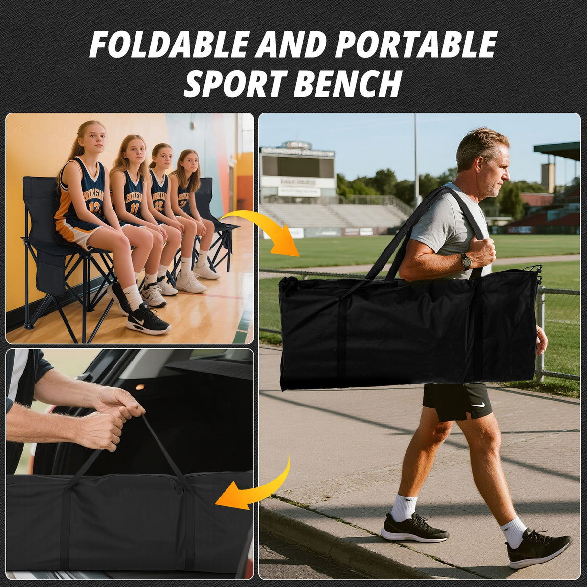 6 Seat Folding Sports Bench with Backrest & Storage for Stadium & Camping