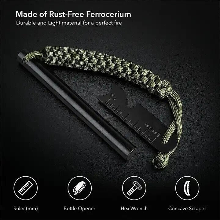 Heavy-Duty Ferro Rod Fire Starter with Paracord & Multi-Tool Striker