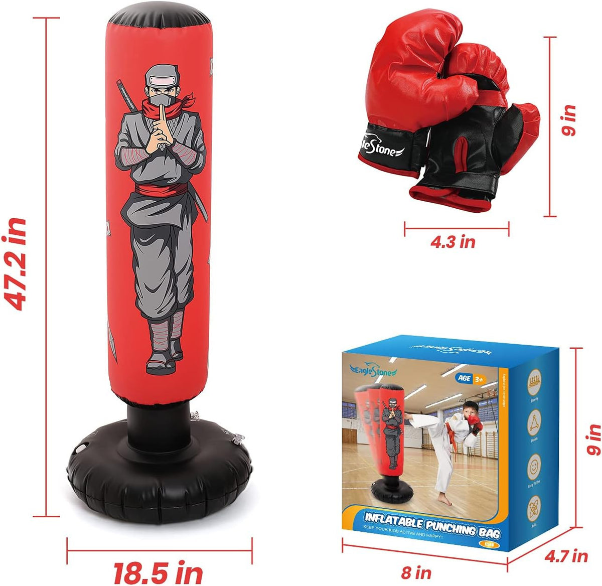 Kids Punching Bag with Gloves - Inflatable Boxing Toy for Boys & Girls
