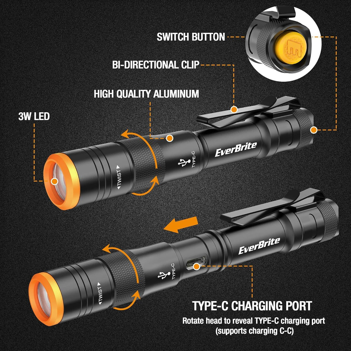 Rechargeable Mini Pen Light with USB-C, 300 Lumens, Clip, Black
